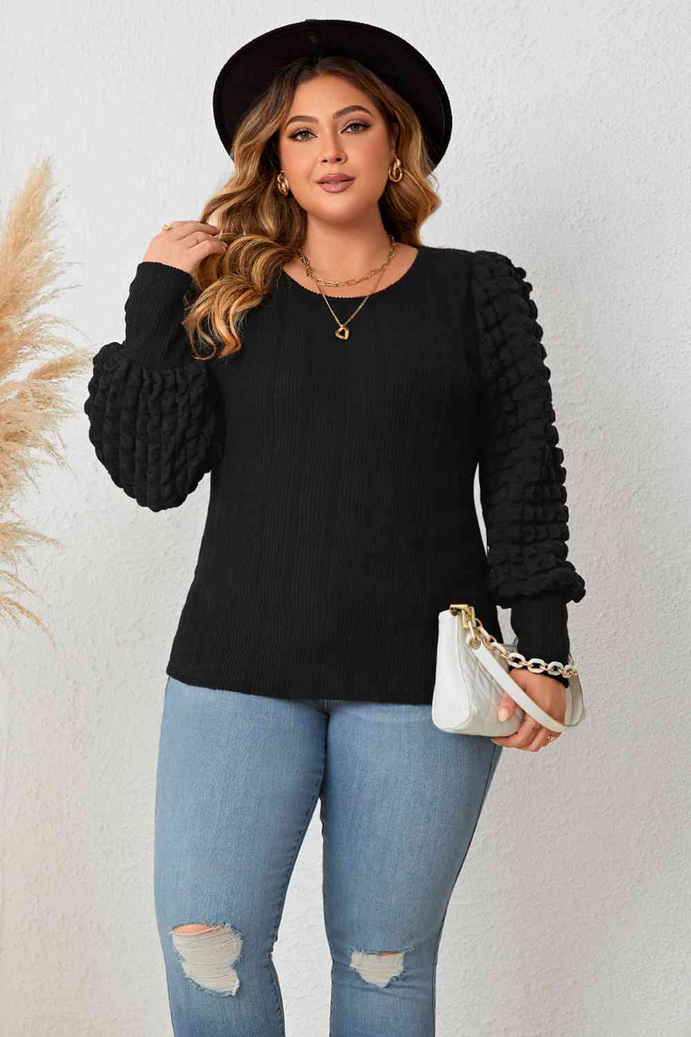 Plus Size Round Neck Lantern Sleeve Blouse Trendsi