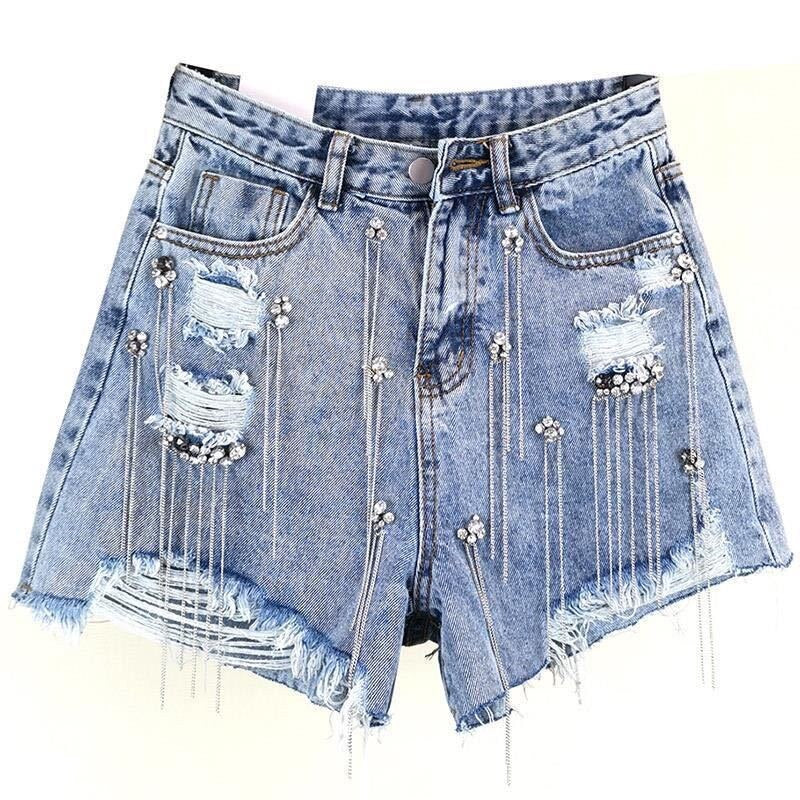 Tassel Rhinestone Denim Shorts Rose’Mon Retail