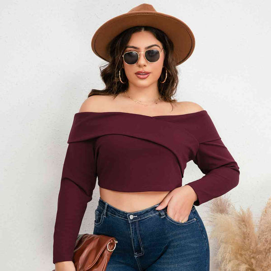 Plus Size Off-Shoulder Long Sleeve Cropped Top Trendsi