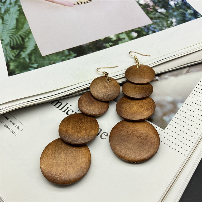 Rasta Pan African Long Wooden Earrings for Women Multilayer Wood Round Disc Dangle Earrings Juneteenth Jewelry Wholesale Rose’Mon Retail