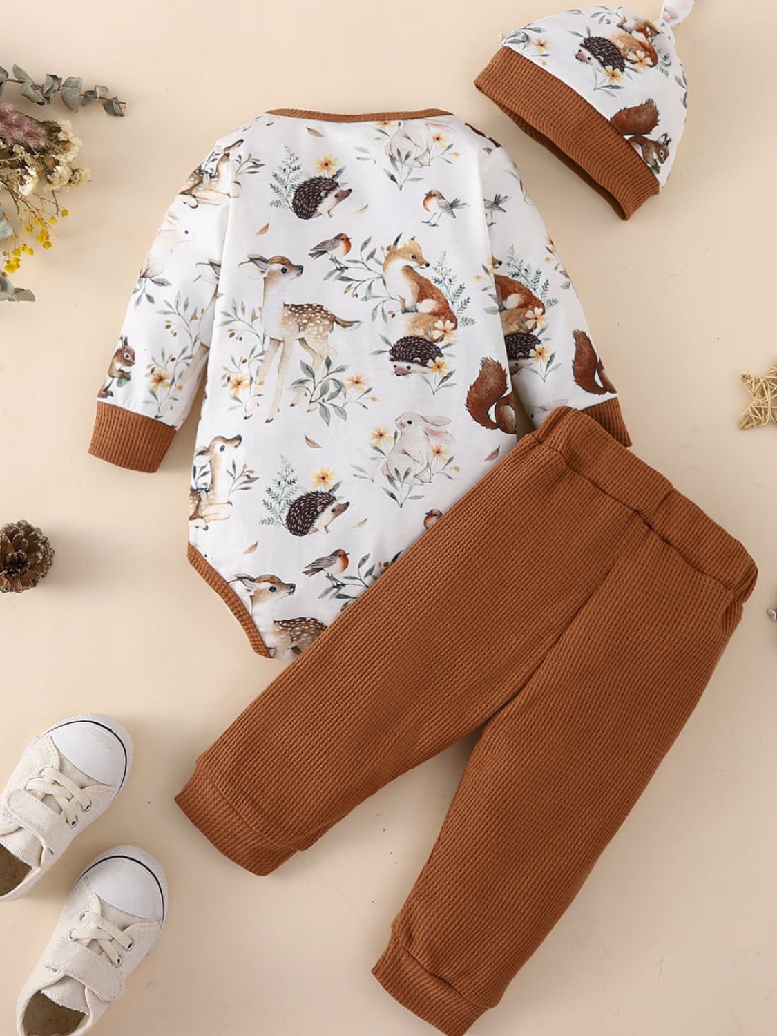 Baby Printed Bodysuit and Waffle-Knit Joggers Set Trendsi