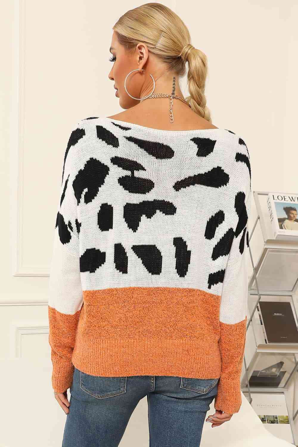 Full Size Two-Tone Boat Neck Sweater Trendsi