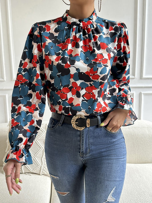 Floral Mock Neck Long Flounce Sleeve Blouse Trendsi