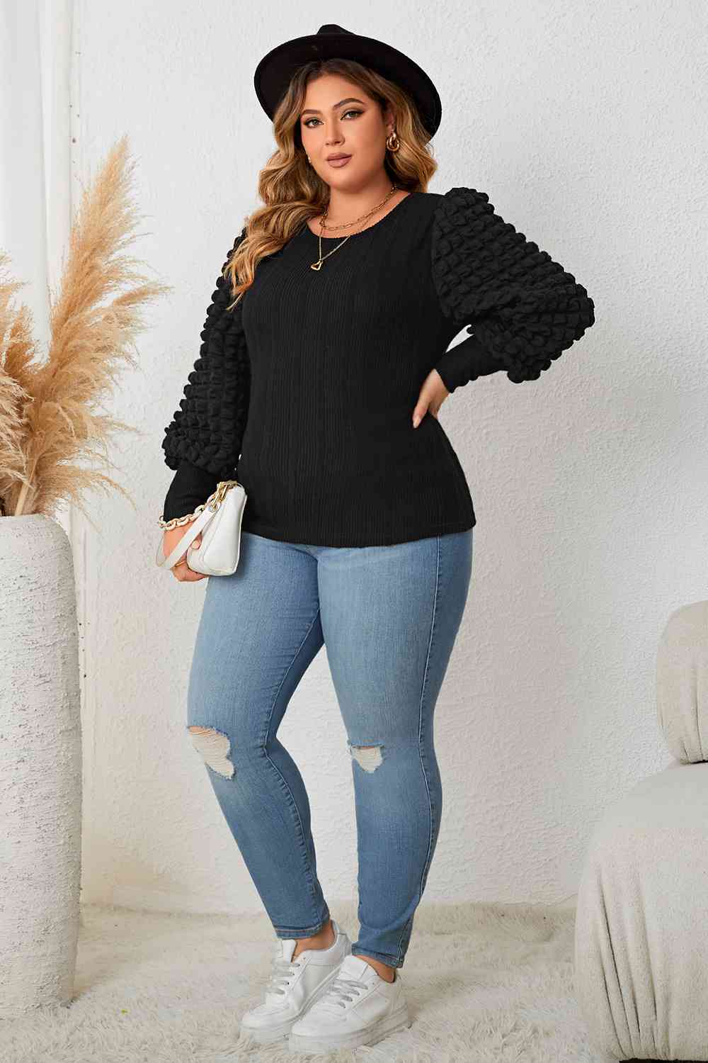 Plus Size Round Neck Lantern Sleeve Blouse Trendsi