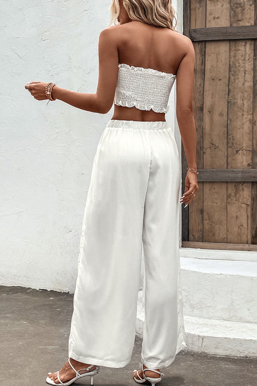 Smocked Tube Top and Wide Leg Pants Set Trendsi