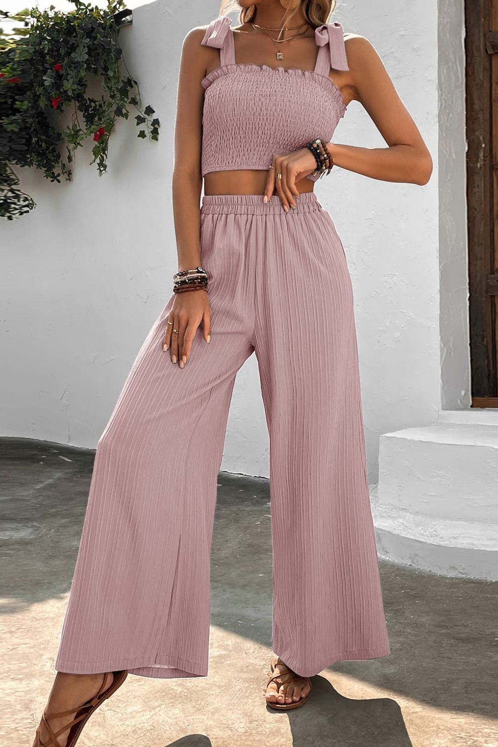 Tie Shoulder Smocked Crop Top and Wide Leg Pants Set Trendsi