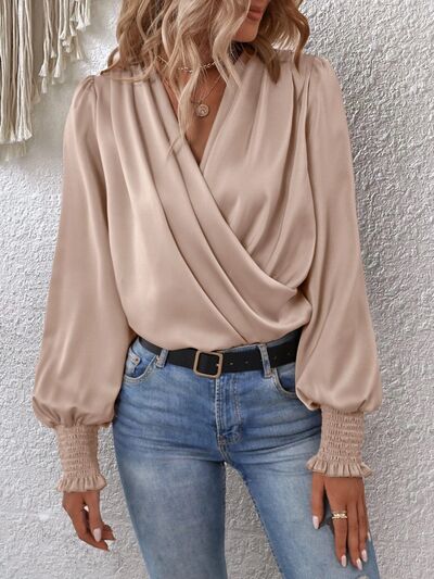 Surplice Smocked Lantern Sleeve Blouse Trendsi