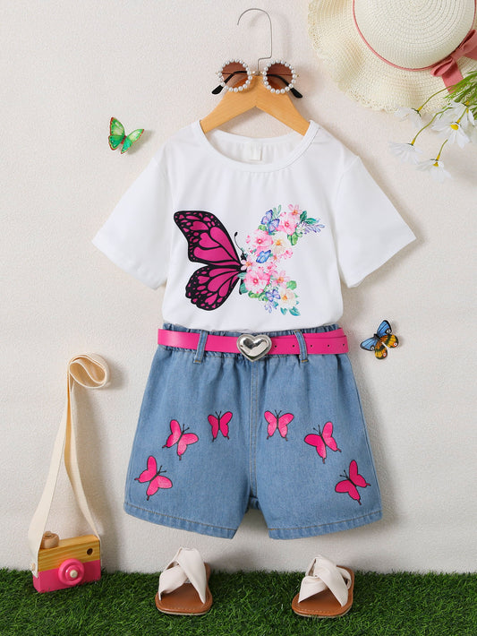 Butterfly Graphic Top and Belted Denim Shorts Set Trendsi