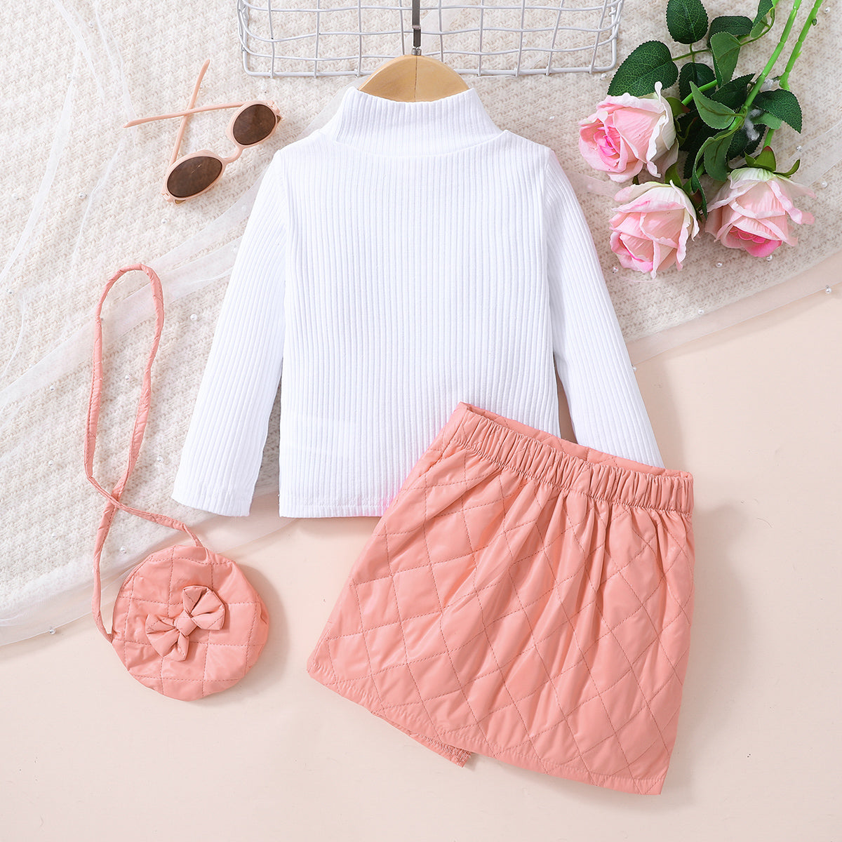 Girls Knit Top and Decorative Button Skirt Set with Bag Trendsi