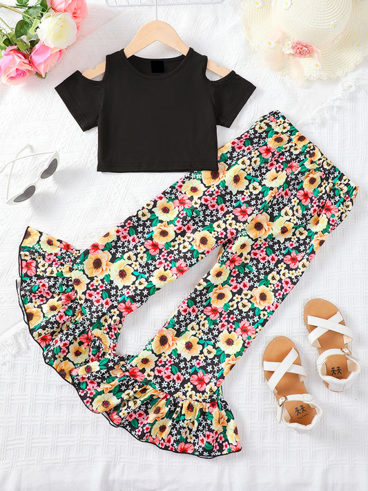 Cold-Shoulder Top and Floral Flare Pants Set Trendsi