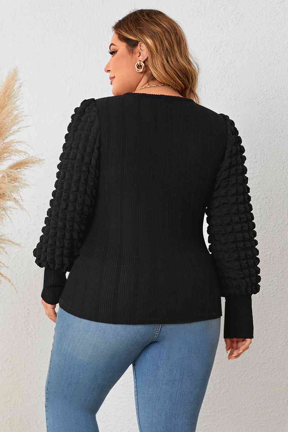 Plus Size Round Neck Lantern Sleeve Blouse Trendsi