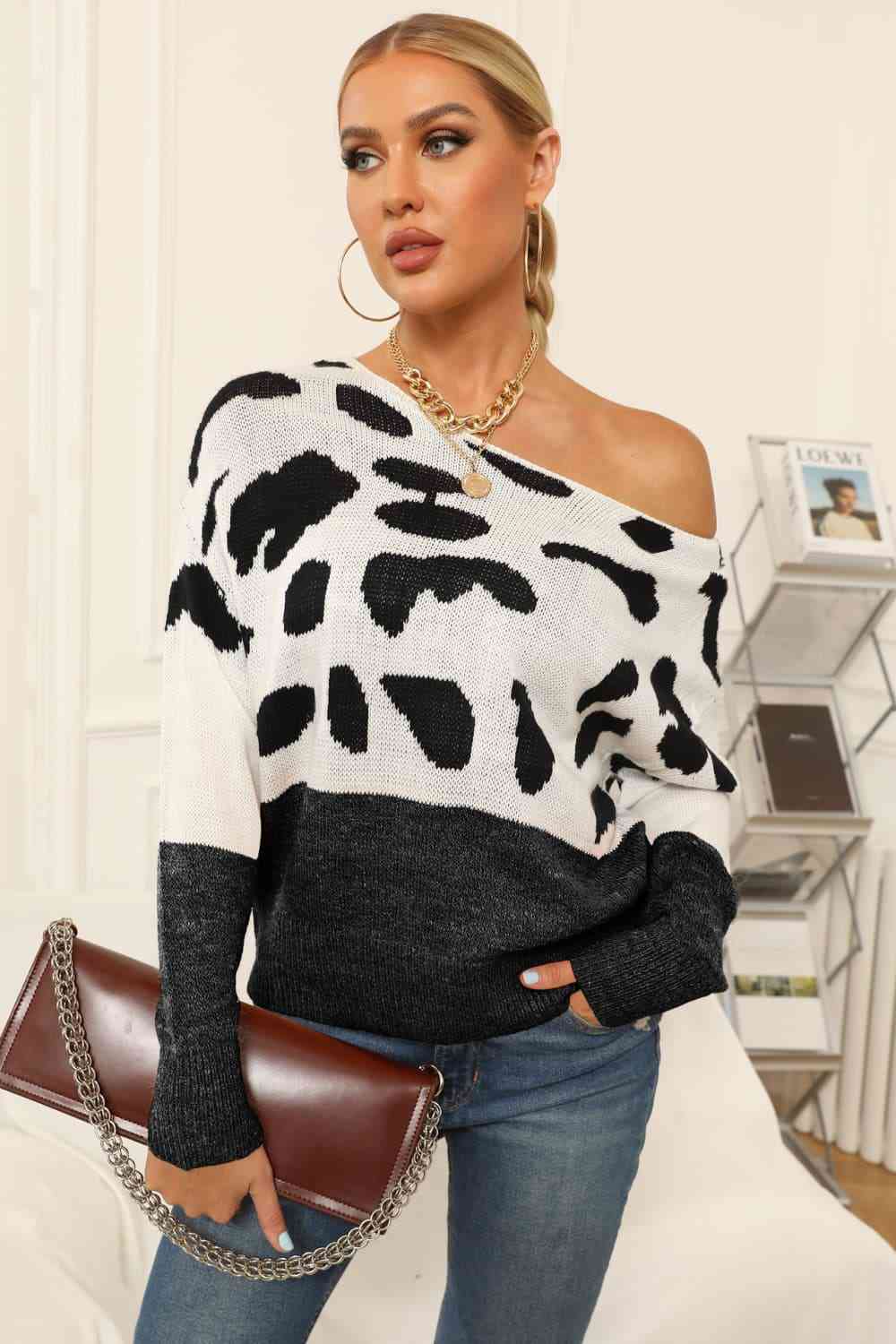 Full Size Two-Tone Boat Neck Sweater Trendsi