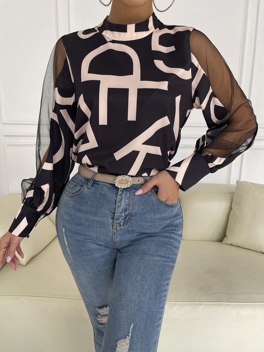 Letter Print Spliced Mesh Sleeve Blouse Trendsi