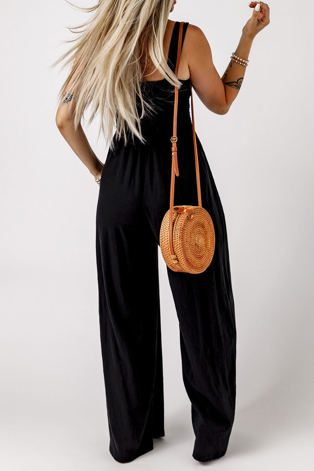 Smocked Square Neck Wide Leg Jumpsuit with Pockets Trendsi