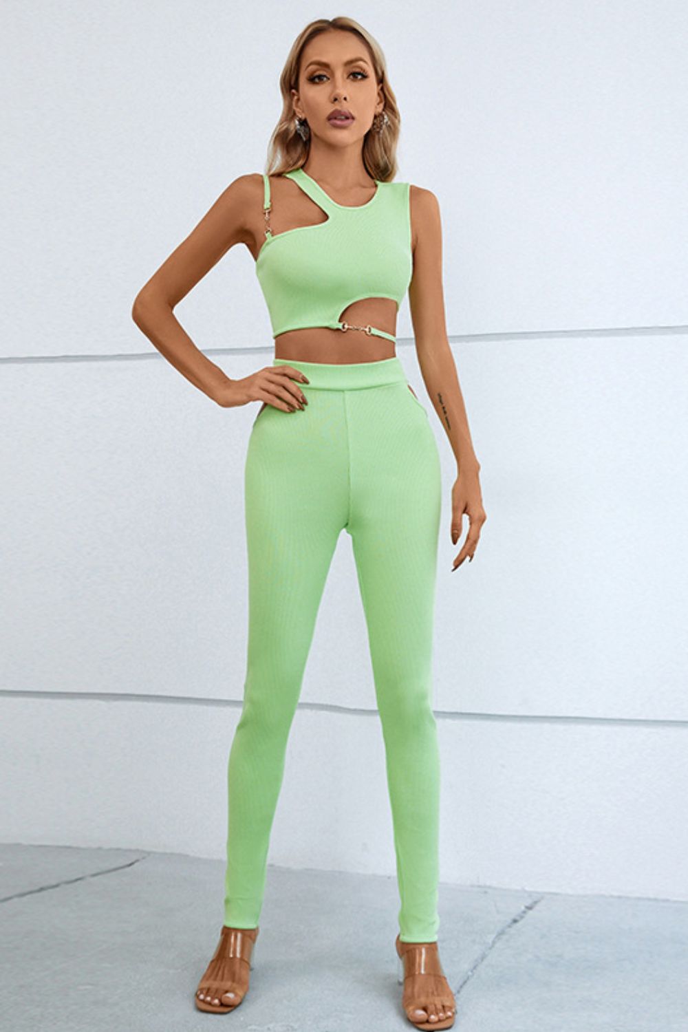 Asymmetrical Ribbed Cutout Tank and Pants Set Trendsi