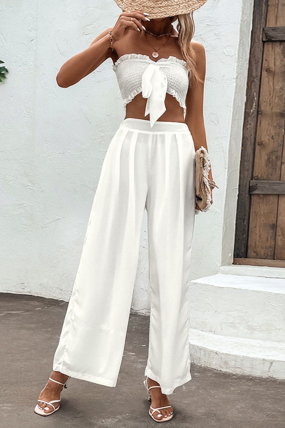 Smocked Tube Top and Wide Leg Pants Set Trendsi