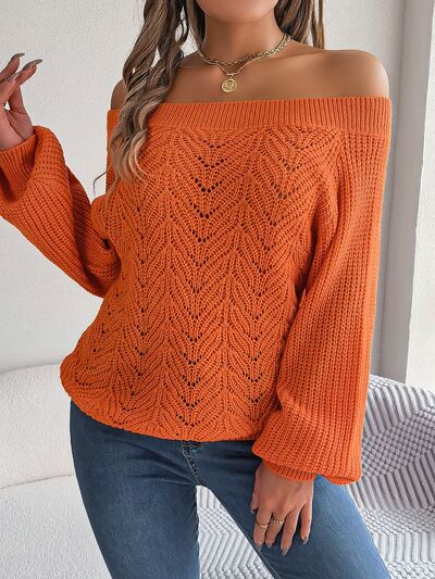 Openwork Off-Shoulder Long Sleeve Sweater Trendsi