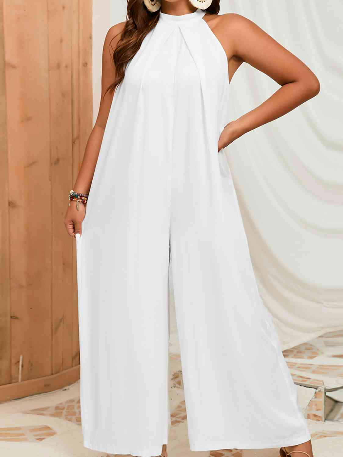 Plus Size Sleeveless Halter Neck Wide Leg Jumpsuit Trendsi