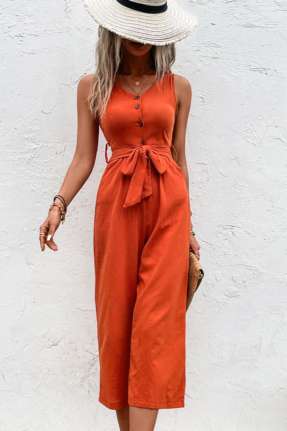 Tie Belt Sleeveless Jumpsuit with Pockets Trendsi