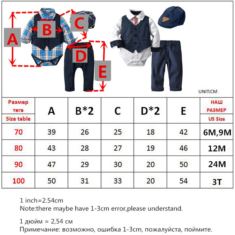 Baby Suits Newborn Boy Clothes Romper + Vest + Hat Formal Clothing Outfit Party Bow Tie Children Toddler Birthday Dress 0- 24 M - Rose’Mon Retail