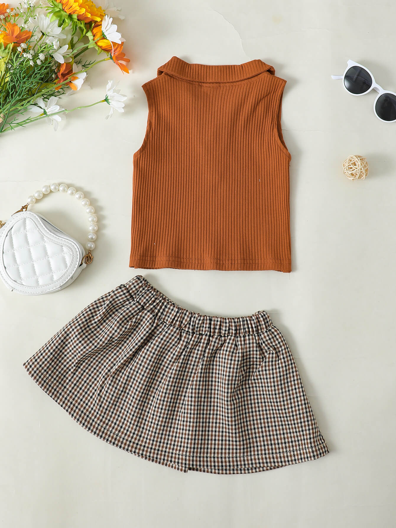 Girls Ribbed Sleeveless Top and Plaid Skirt Set Trendsi