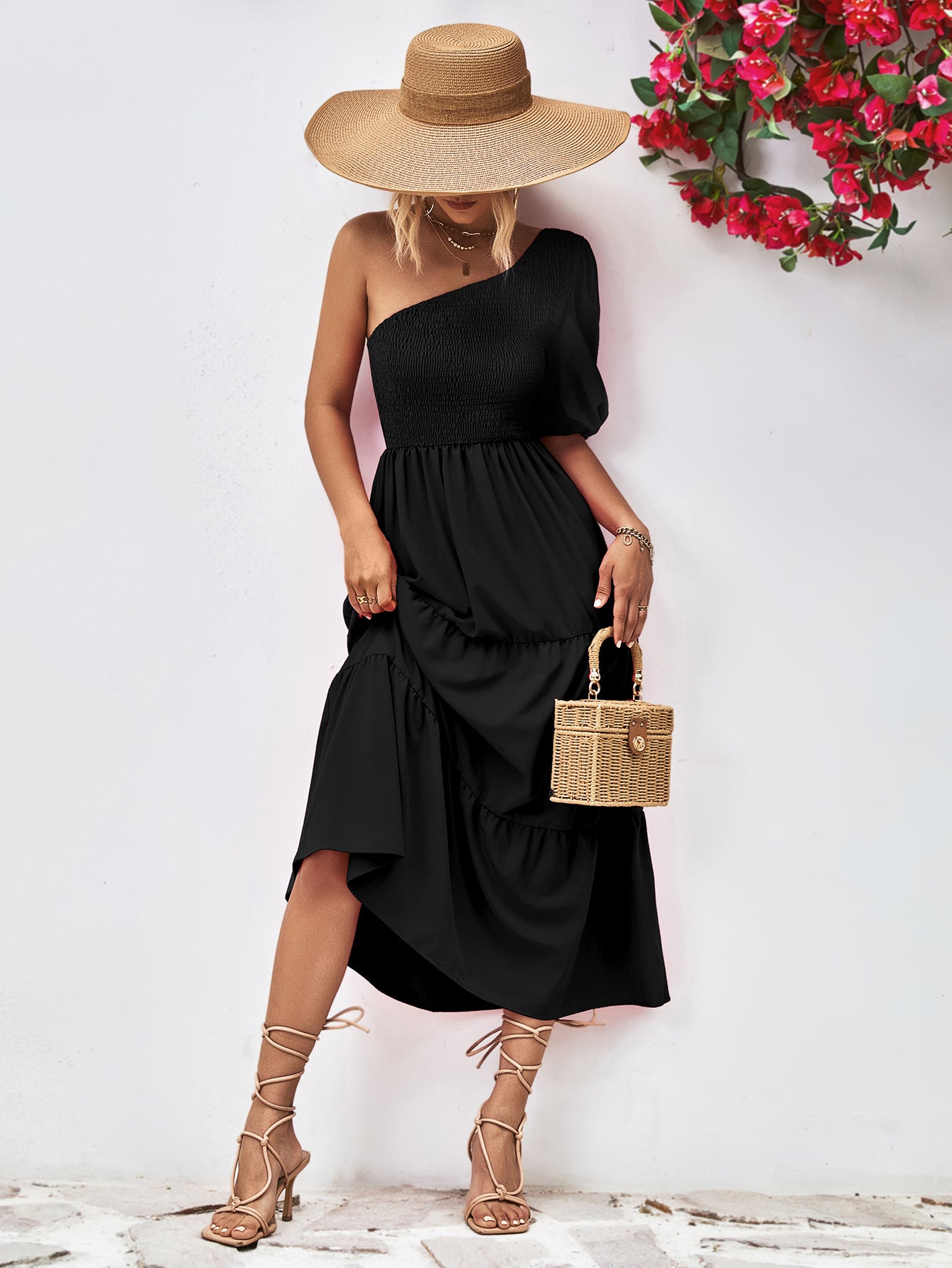 Smocked One-Shoulder Midi Dress Trendsi