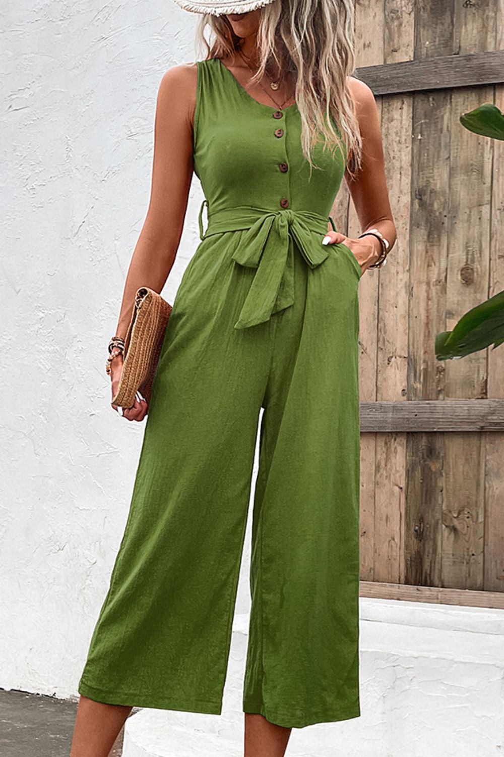 Tie Belt Sleeveless Jumpsuit with Pockets Trendsi