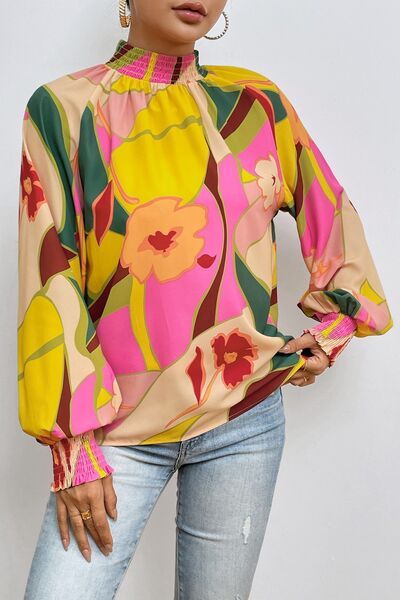 Floral Smocked Lantern Sleeve Mock Neck Blouse Trendsi