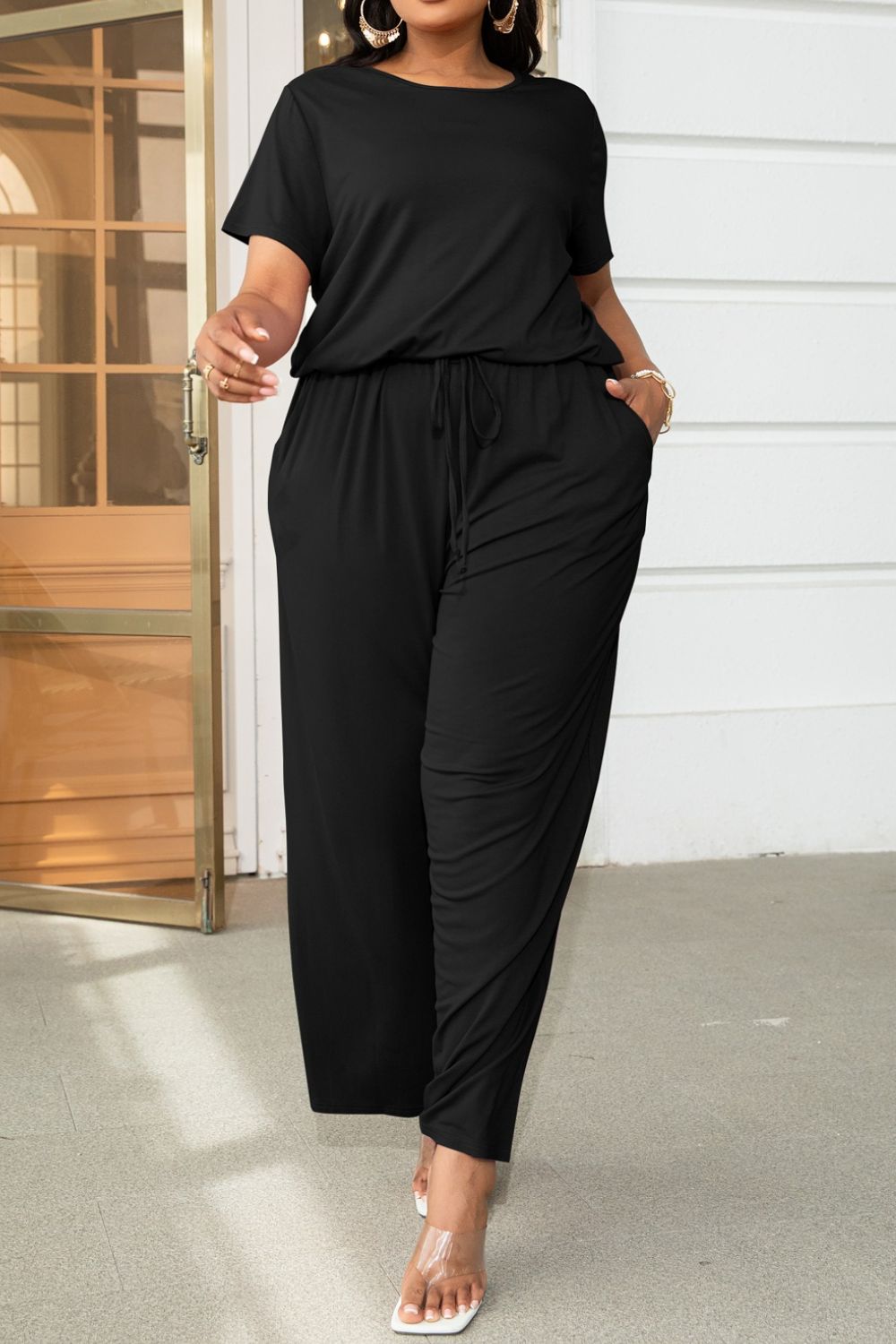 Plus Size Drawstring Waist Short Sleeve Jumpsuit Trendsi
