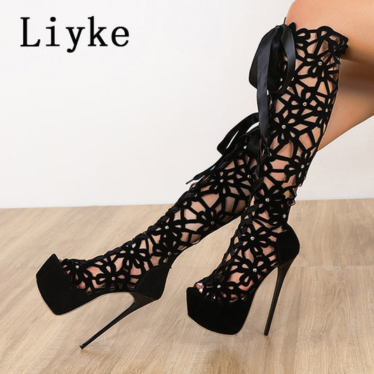 High Heels Sexy Nightclub Hollow Out Over The Knee Boots Women Peep Toe Lace-Up Zip Platform Shoes Sandals