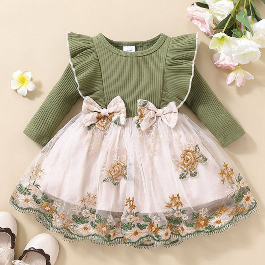 Girls Floral Bow Detail Ruffle Shoulder Tulle Dress Trendsi